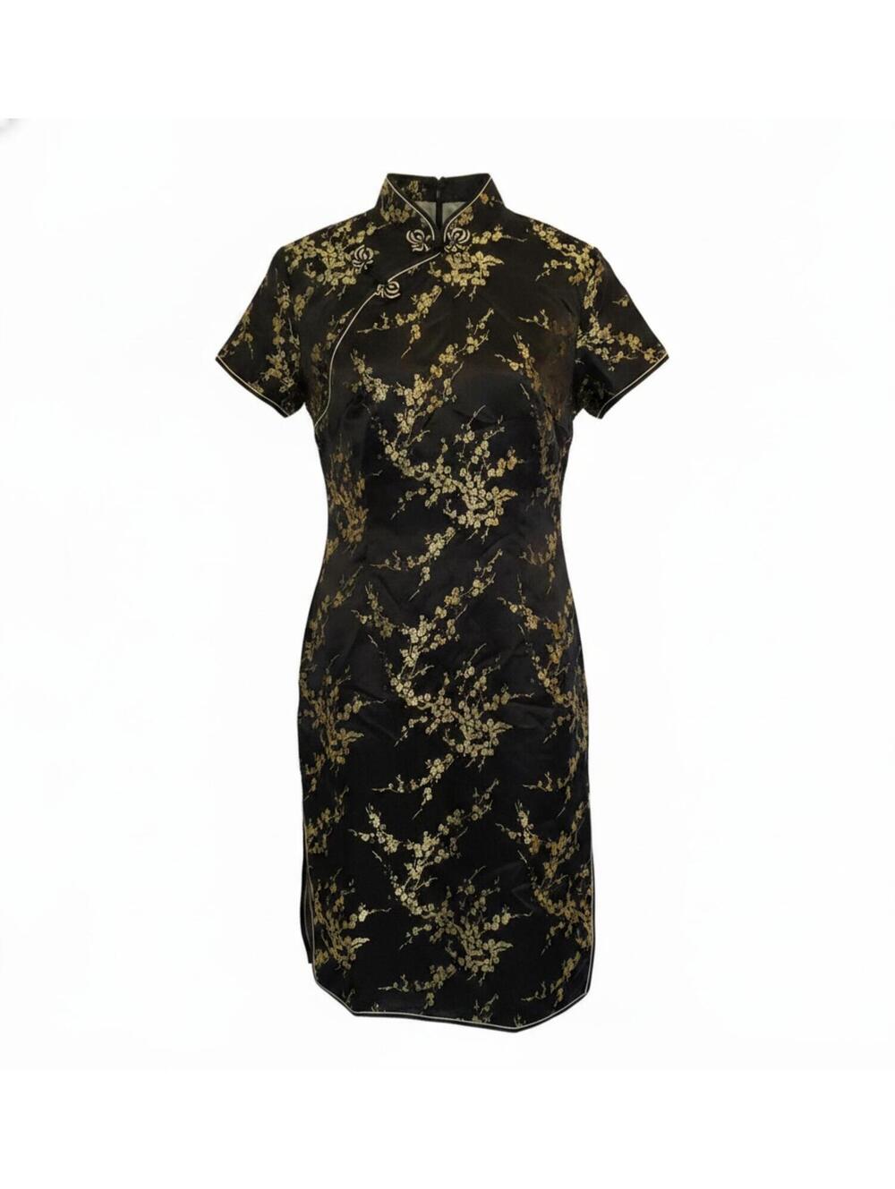 Black and Gold Floral Chinese Cheongsam Dress